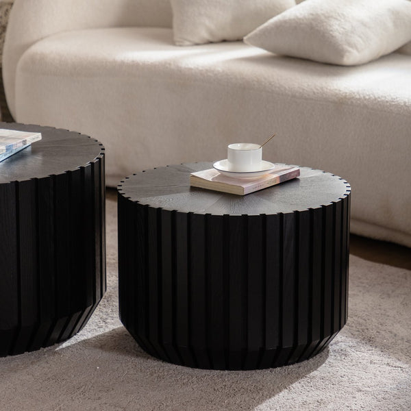 English Elm Set of 2 Fluted Round Nesting Tables Matte Black Solid Wood Living Room Accent W3158P395513