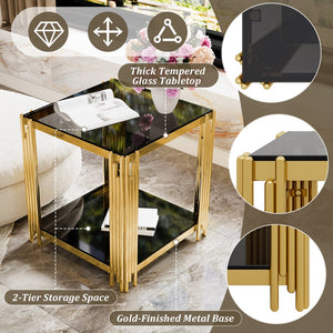 English Elm Modern Round Mirrored Glass End Table with Gold Metal Frame and Lower Display Shelf Black N735P380093B