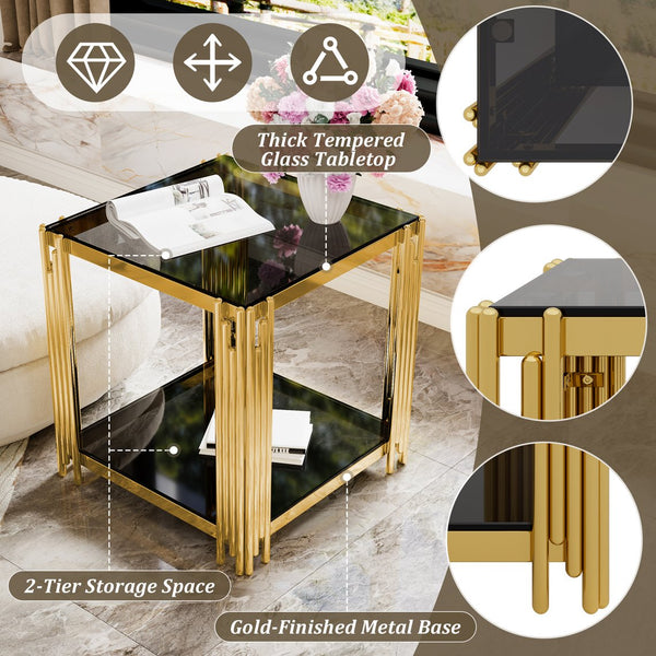 English Elm Modern Round Mirrored Glass End Table with Gold Metal Frame and Lower Display Shelf Black N735P380093B