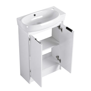 English Elm 23" Freestanding Bathroom Vanity with Ceramic Vessel Sink, Soft-Close Doors, Adjustable Shelf Storage Glossy White W999P206105