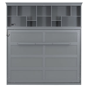 English Elm Queen Murphy Wall Bed Cabinet with Integrated Shelves Usb Charging Space Saving Design Gray LP006668AAE-1
