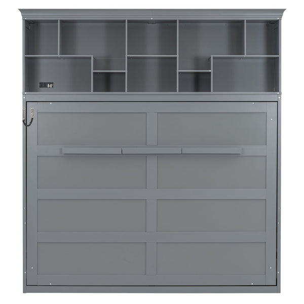 English Elm Queen Murphy Wall Bed Cabinet with Integrated Shelves Usb Charging Space Saving Design Gray LP006668AAE-1