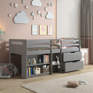 English Elm Fabiana Gray Twin Loft Bed with Storage Drawers & Open Shelves, Ladder, Slat System Included B2726S00219