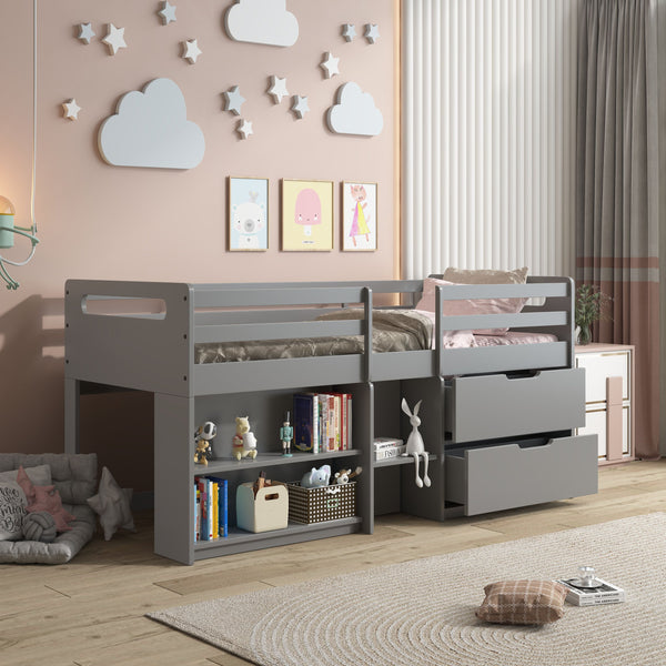 English Elm Fabiana Gray Twin Loft Bed with Storage Drawers & Open Shelves, Ladder, Slat System Included B2726S00219