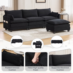English Elm United We Win Modular Corduroy Sectional with Ottoman Low Profile Living Room Couch Black W1568S00260