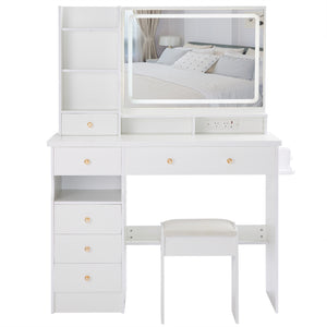 English Elm 41" Large Desktop Vanity Table Set With Cushioned Stool, Led Mirror, Power Station & Hair Dryer Stand W936P230830