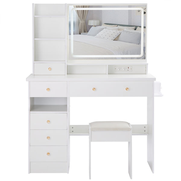 English Elm 41" Large Desktop Vanity Table Set With Cushioned Stool, Led Mirror, Power Station & Hair Dryer Stand W936P230830