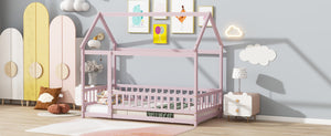 English Elm Twin House Frame Floor Bed Rubberwood Build with Safety Rails for Kids Bedroom W504P482178