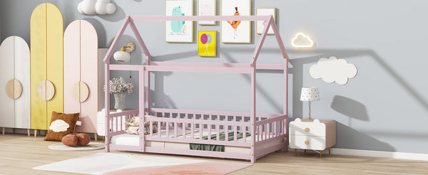 English Elm Twin House Frame Floor Bed Rubberwood with Roof Canopy and Safety Rails for Kids Pink W504P429347