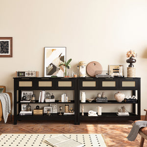 English Elm 43.3" Farmhouse Console Table Rattan Drawer Fronts Open Shelving Entryway Storage Black T3210P426419