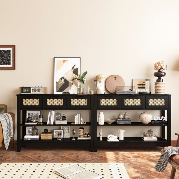 English Elm 43.3" Farmhouse Console Table Rattan Drawer Fronts Open Shelving Entryway Storage Black T3210P426419