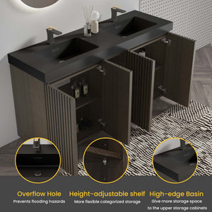 English Elm Galan60F" Smoked Oak Freestanding Bathroom Vanity With Soft-Close Doors & Sleek Black Sink Basin W1865S00154