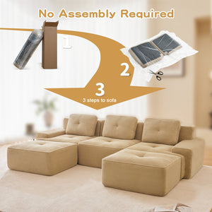 English Elm 117" Modern U-Shaped Modular Sectional Sofa With Movable Ottoman, Plush Camel Corduroy, Ergonomic Comfort W714S01469