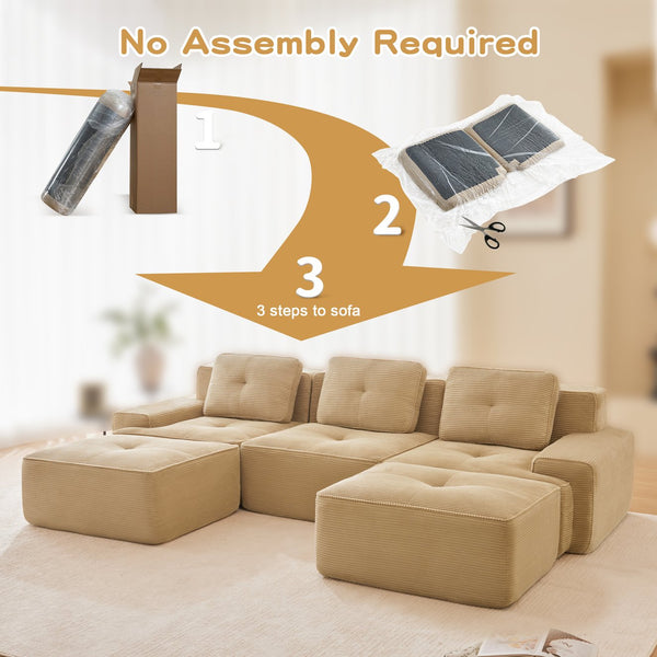 English Elm 117" Modern U-Shaped Modular Sectional Sofa With Movable Ottoman, Plush Camel Corduroy, Ergonomic Comfort W714S01469