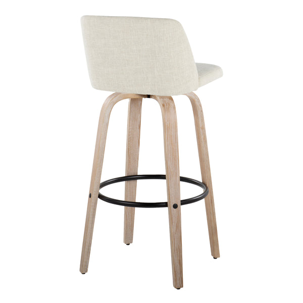 English Elm Fixed-height Barstools Whitewashed Bent Wood Cream Upholstered Seat Black Footrest Pair B202S00666