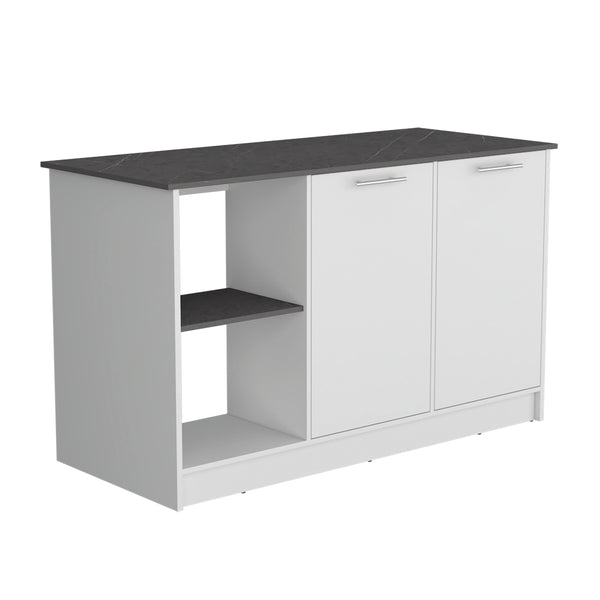 English Elm Kitchen Island With Ample Counter Space, Open Shelves & Double-Door Storage, Stylish White/Onyx B097S00157