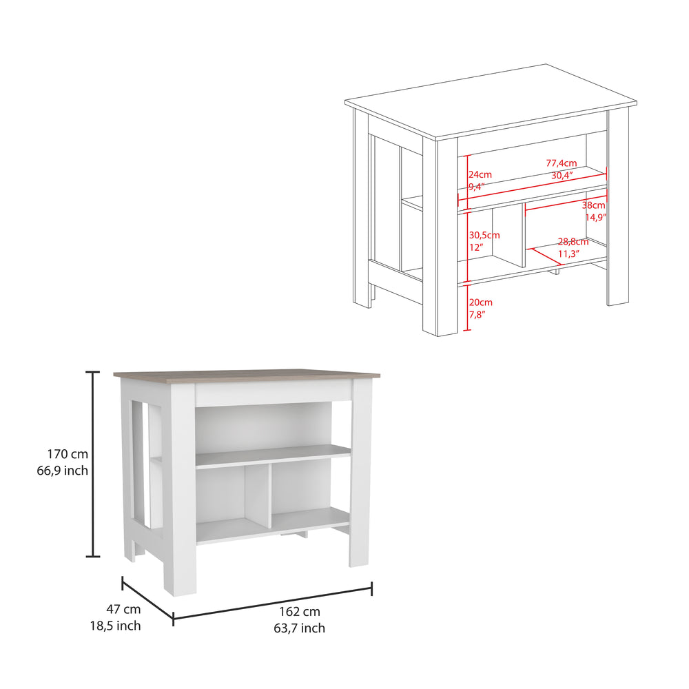 English Elm Cala Kitchen island with wide prep top, stool-friendly legroom and three open shelves for storage and organization Multicolor 44.5 L x 31.5 W x 4.7 H B20092013