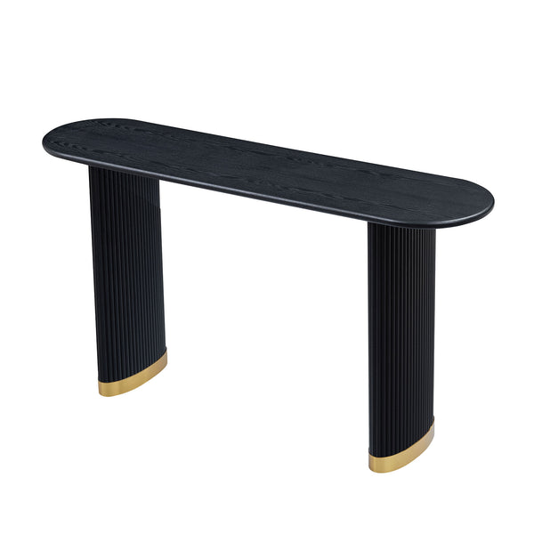 English Elm Length 59 Inch Mdf Wood Veneer Console Table Brushed Gold Steel Base Modern Entryway Black W2582P406099