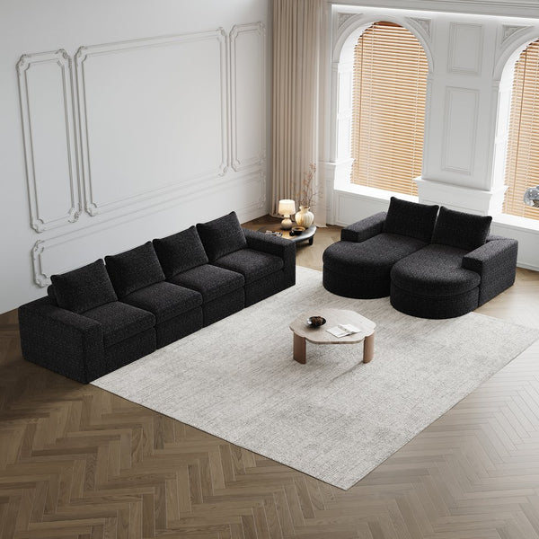 English Elm Chenille Curved Sectional Sofa with Chaise and Neck Pillows, Slow-Rebound Comfort, Sturdy Iron Support Black W834S00483