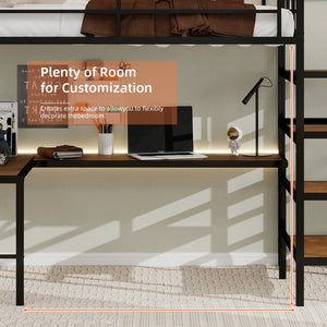 English Elm Loft loft bed with L-shaped desk, built-in storage stairs, 360° guardrail, sturdy iron frame for small rooms Black W1935S00003