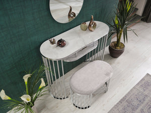 English Elm Garry Oval Fabric Ottoman with Chrome Legs — Plush Upholstery, Compact Modern Seat for Living Spaces Beige B029P333530