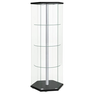 English Elm Tenley Hexagonal Black & Chrome Glass 4-Shelf Curio Cabinet — Modern Accent Display Shelf, 63.5" B062P328641