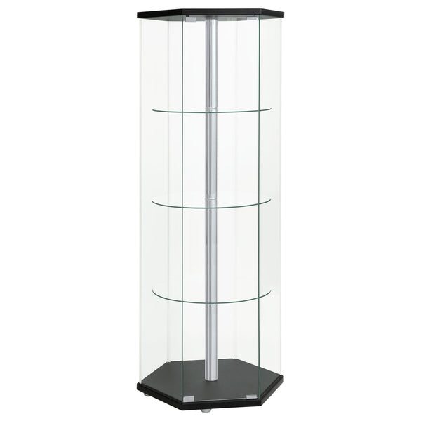 English Elm Tenley Hexagonal Black & Chrome Glass 4-Shelf Curio Cabinet — Modern Accent Display Shelf, 63.5" B062P328641