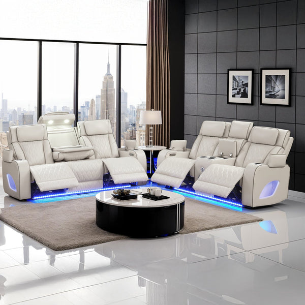 English Elm Fortuner 2PC Modern Reclining Living Room Set with LED, Massage, Bluetooth, Wireless Charging – Beige B009S01501