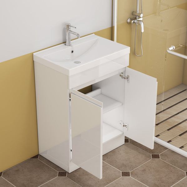 English Elm 24-Inch Bathroom Vanity With Integrated Sink & Mirror, Modern Handle-Free Design, Soft-Close Doors & Storage W3151S00057