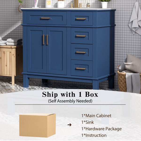 English Elm 36" Navy Bathroom Vanity Solid Wood Frame Ceramic Sink Gold Hardware Soft Close Blue N729P380151C