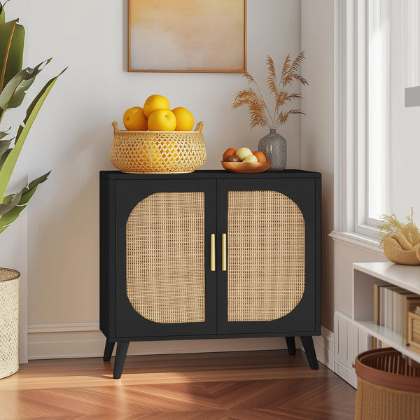 English Elm Buffet Cabinet Rattan Door Panels Solid Wood Feet Farmhouse Style Entryway Storage Black W2386P207791