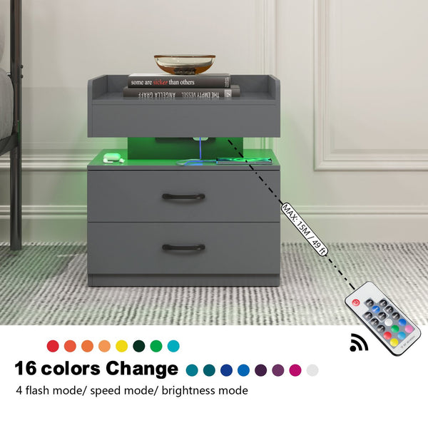 English Elm 1 Nightstand with Remote LED Strip Light, Two Drawers and Spacious Storage for Cozy Ambient Bedrooms Gray W368P239007