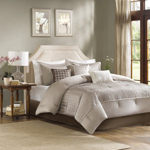 English Elm 7 Madison Park Trinity 7-Piece Charmeuse Comforter Set Queen with Pleated Design & Embroidered Pillows taupe 19.69 L x 23.62 W x 14.96 H B035128911