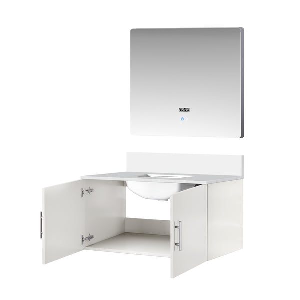 English Elm Glossy White Bath Vanity Set With Cultured Marble Top & 36 In. Led Mirror For Modern Bathrooms B2731S00763