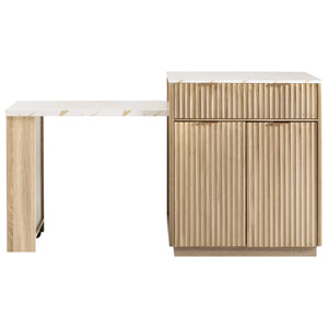 English Elm K&K Fluted Kitchen Island with Extendable Dining Table, Art Deco Mid-Century Design, Built-In Power Hub, Gold Handle Natural N707S000018Y