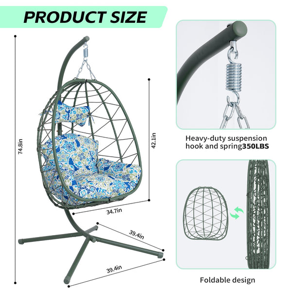 English Elm Hanging Egg Chair with Woven Pe Wicker Stand for Patio Balcony and Indoor Comfort T5880P497578
