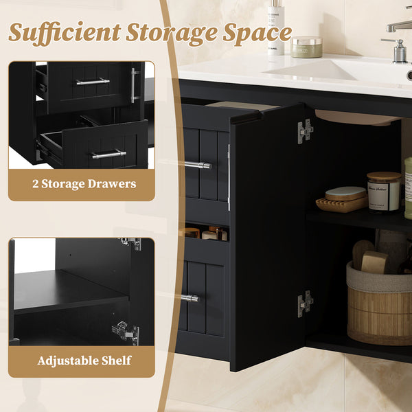 English Elm 36'' Wall Mounted Bathroom Vanity with Ceramic Sink, Solid Wood & MDF Floating Cabinet with Drawers Black N710P293299B