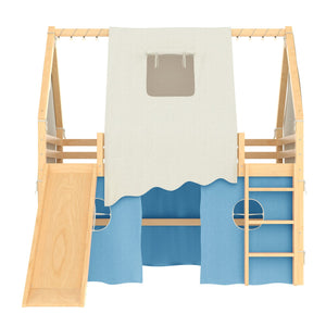 English Elm Full Size Pine Loft Bed with Slide Tent Panels Led Lights and Play Space Below W1580S00292