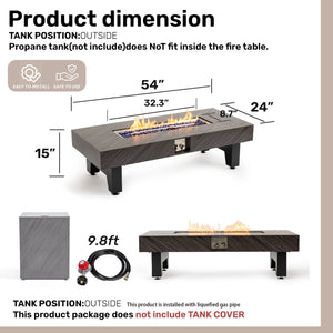 English Elm 54_inch Iron Fire Pit Table Stone Finish with Stainless Burner, Propane Powered, Spacious Patio Centerpiece Black W3131P277181