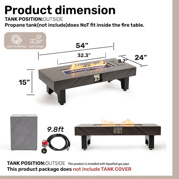 English Elm 54_inch Iron Fire Pit Table Stone Finish with Stainless Burner, Propane Powered, Spacious Patio Centerpiece Black W3131P277181
