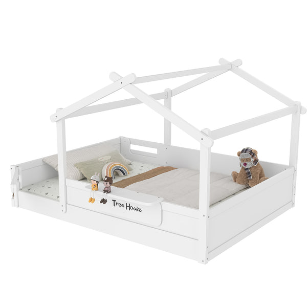 English Elm Queen House Shaped Kids Floor Bed Pine Wood Frame with Guardrails and Personalized Headboard Light White W1580P396334