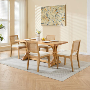 English Elm Farmhouse Rattan Dining Chairs Set of 2 with Linen Upholstery, Cane Back & Solid Wood Frame, Comfortable Beige W1143P332689