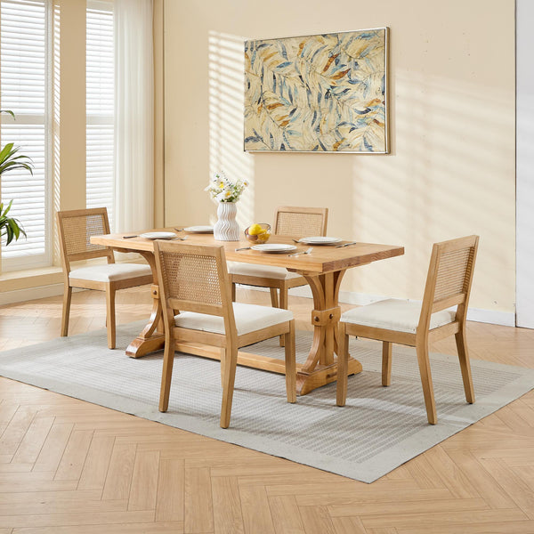 English Elm Farmhouse Rattan Dining Chairs Set of 2 with Linen Upholstery, Cane Back & Solid Wood Frame, Comfortable Beige W1143P332689