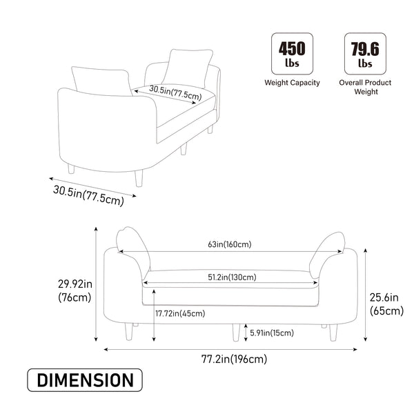 English Elm 77.17" Wide Chenille Daybed Bench with Bolster Pillows and Rubberwood Legs for Bedroom W3189S00040