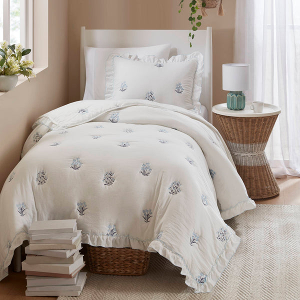 English Elm 2-piece Floral Embroidered Twin Quilt Set Romantic Ruffled Border Soft Down Alternative Fill White+Blue B035P463189