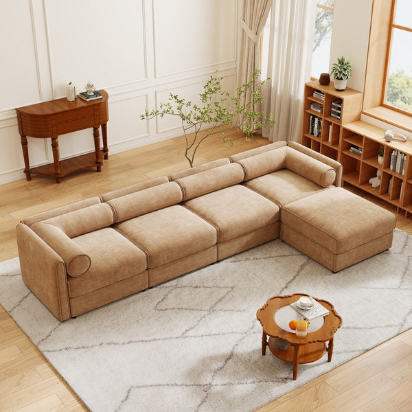 English Elm Modular Sectional Sofa With Smart Storage, Ergonomic Cylindrical Backrest & Luxurious Camel Upholstery W714S01231
