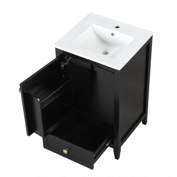 English Elm 20" Modern Bathroom Vanity With Ceramic Sink, Soft-Close Door, Drawer & Storage Rack In Black Finish N725P185452B