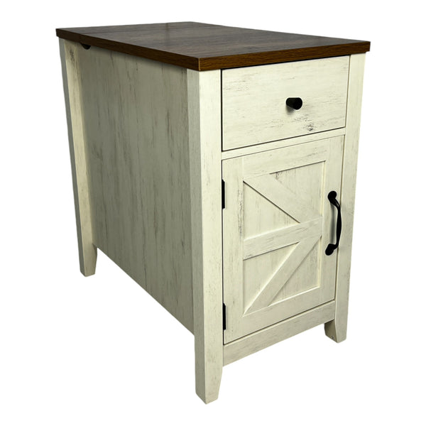 English Elm Farmhouse Nightstand with Charging Station and Barn Door Drawer — USB-C, AC Outlets, Compact Storage Brown+White W1412P230407