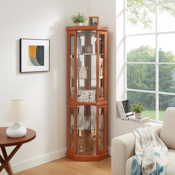 English Elm Corner Lighted Curio Cabinet Dark Oak Finish with Mirrored Back and Glass Shelves W2275P296058