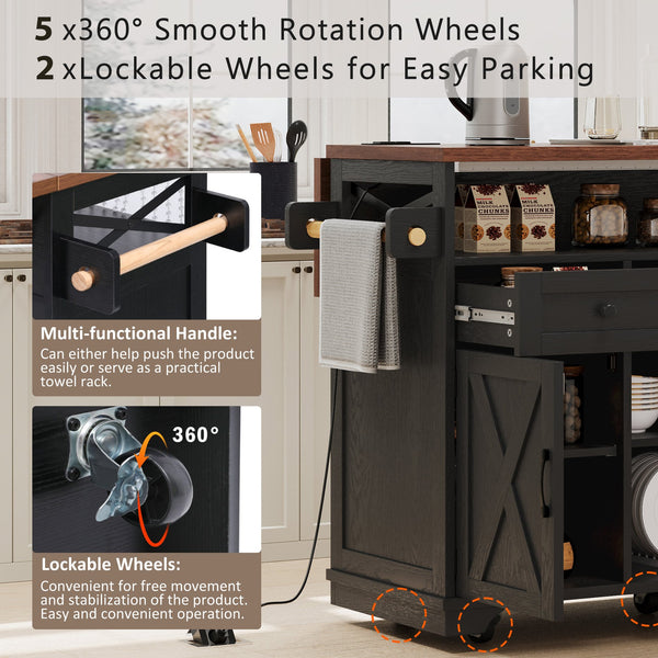 English Elm K&K 46.5'' Farmhouse Kitchen Island Cart with Beaded Drapes, Drop Leaf, Power Hub, Ample Storage Black N707P254872B